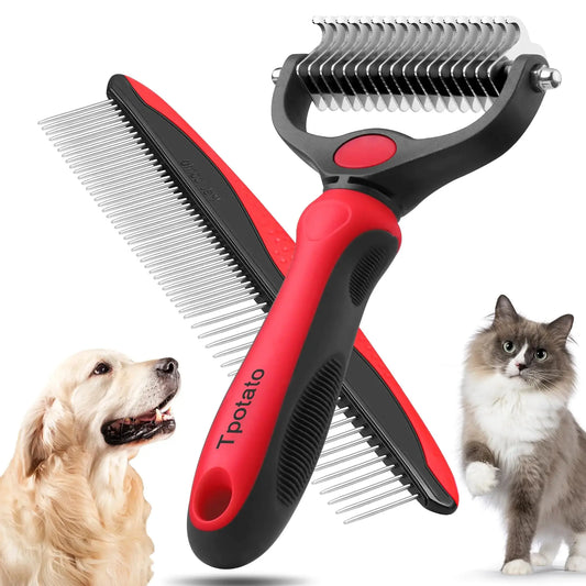 Dual-Side Pet Grooming Rake for Dogs and Cats—Red Pets univers confort